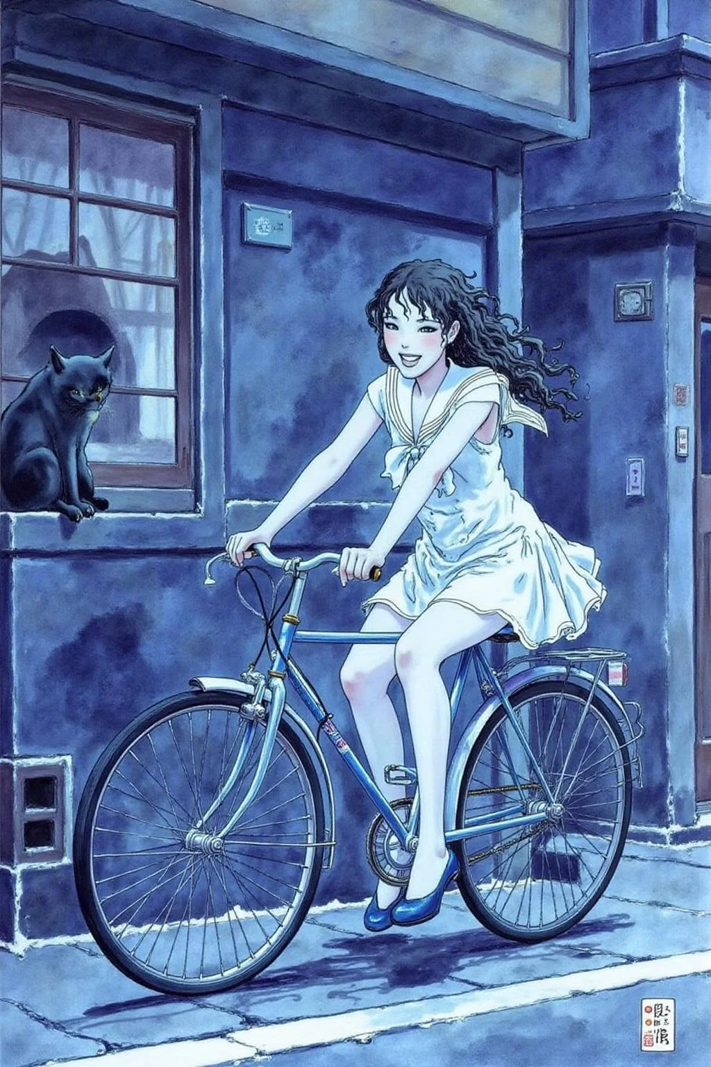 itacomic1 illustration. A Japanese school girl riding a old style bicycle through a narrow, quiet street at night. The happy woman wears a simple, flowing dress. In the corner, a small black cat with piercing eyes sits watching her quietly. The mood is tranquil and slightly magical. Soft lighting, deep blue tones, detailed shading, ethereal, cinematic composition <lora:itacomic_mima_fl_d4a2e8:1.0><lora:800599672537353529:0>