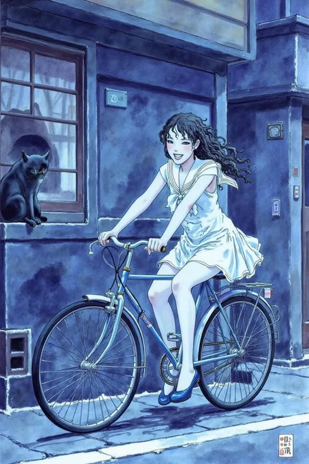 itacomic1 illustration. A Japanese school girl riding a old style bicycle through a narrow, quiet street at night. The happy woman wears a simple, flowing dress. In the corner, a small black cat with piercing eyes sits watching her quietly. The mood is tranquil and slightly magical. Soft lighting, deep blue tones, detailed shading, ethereal, cinematic composition  <lora:itacomic_mima_fl_d4a2e8:1.0><lora:800599672537353529:0>