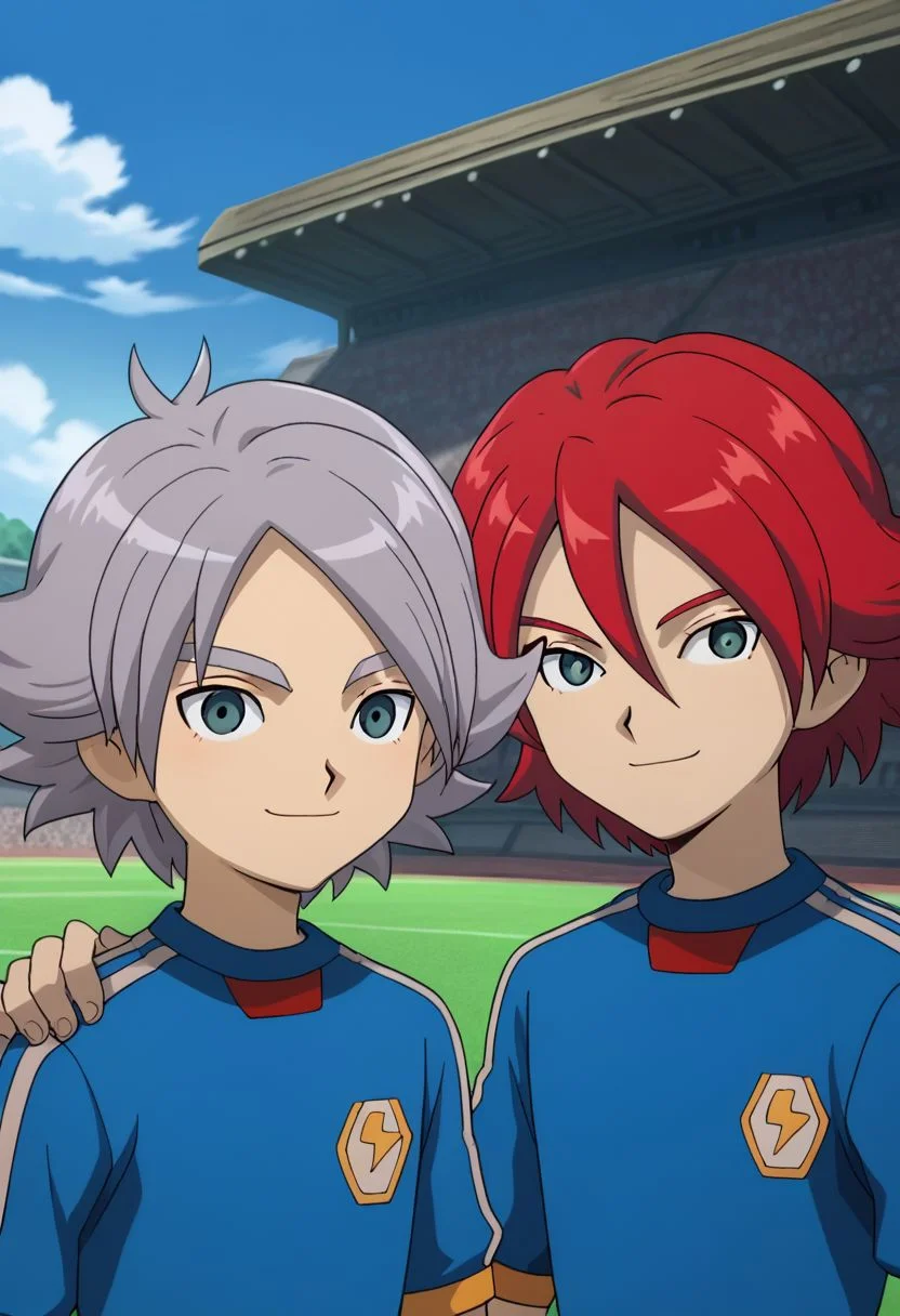 score_9, score_8_up, score_7_up, source_anime, highly detailed, skinny, slender, 2boys,
hiroto2, 1boy, soccer uniform, sportswear, red hair, upper body, tracksuit, smile, BREAK
fubuki2, 1boy, soccer uniform, sportswear, smile, raimon soccer uniform, raimon, grey hair,
standing, hand on shoulder,
