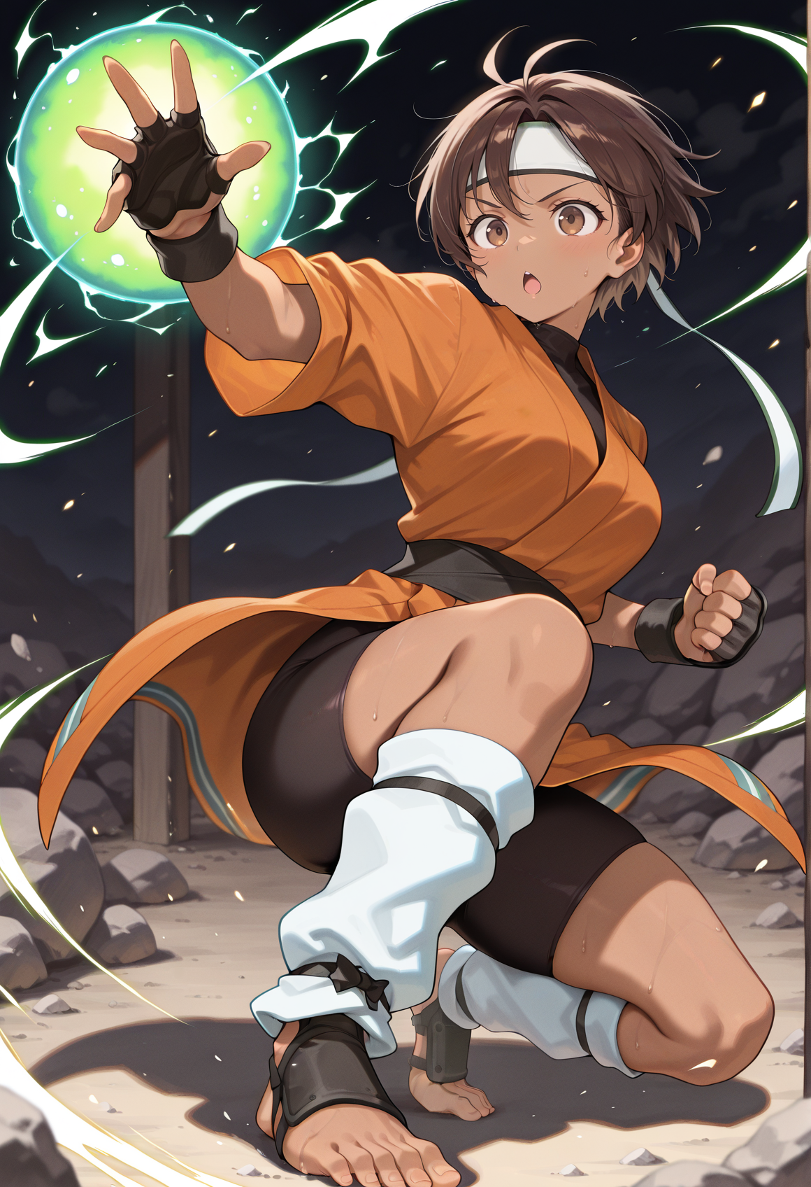 1girl, dark skin, brown hair, short hair, brown eyes, japanese clothes, headband, bike shorts, fingerless gloves, leg warmers, toeless legwear, fighting stance, energy sphere, chestnut mouth,  <lora:wakaba_illus:1>, masterpiece, best quality, amazing quality, very aesthetic, absurdres, highres, newest