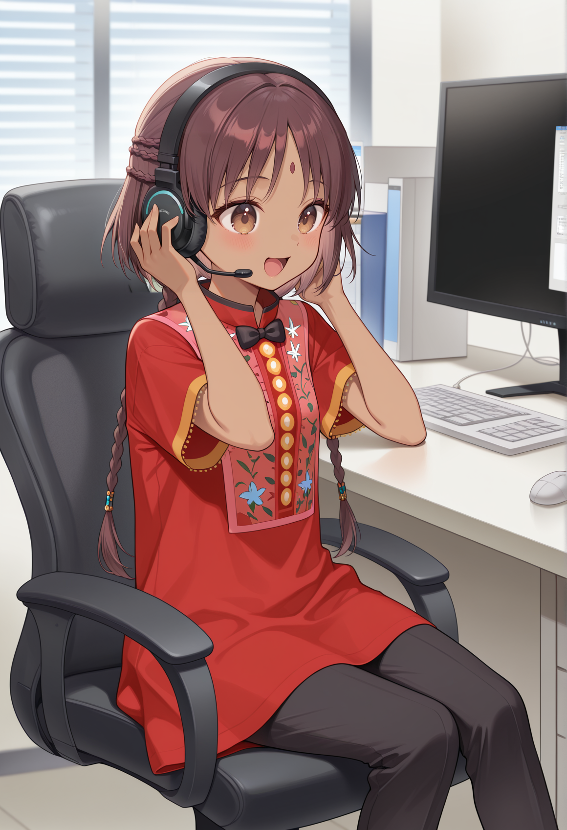 1girl, dark skin, brown hair, brown eyes, long hair, braid, low twin braids, jewelry, earrings, forehead mark, short dress, short sleeves, bowtie, floral print, sitting, headset, hand on headphone, sitting, indoors, office, open mouth, table, computer, mouse \(computer\), smile, black pants, looking at monitor <lora:Asha_FGO:1>, masterpiece, best quality, amazing quality, very aesthetic, absurdres, highres, newest
