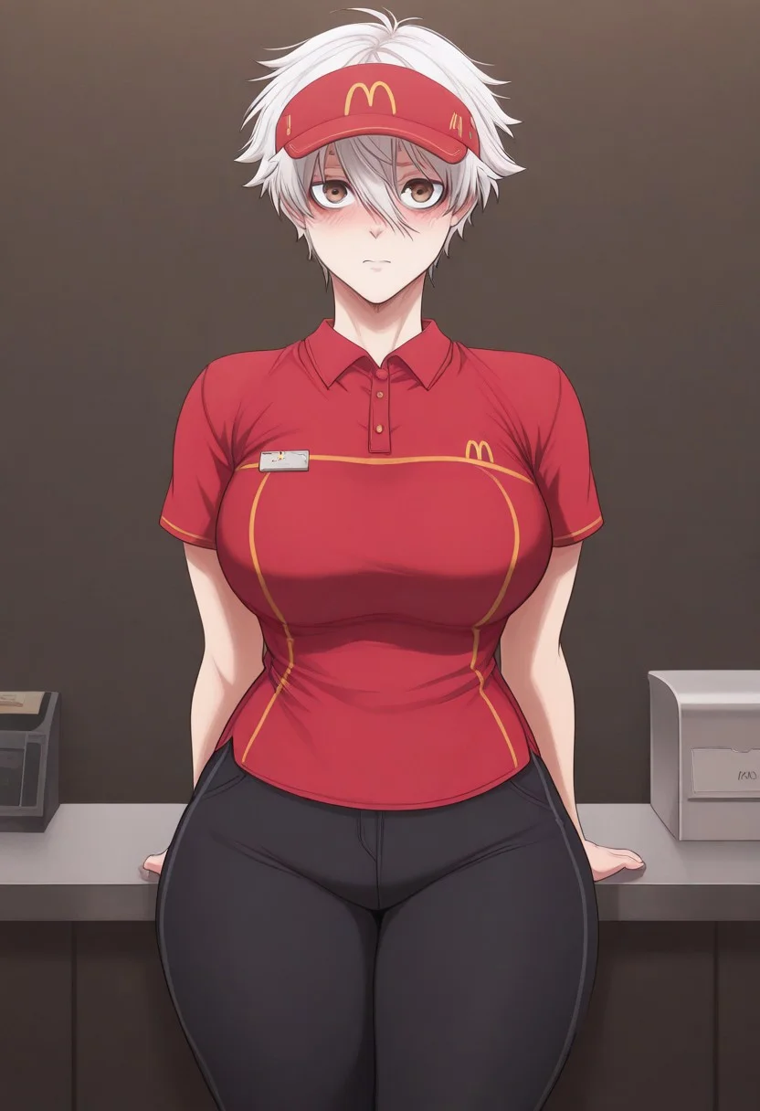 1girl, seishirou_nagi, white hair, brown eyes, short hair, bangs, hair between eyes, large breasts, thick thighs,genderswap \(mtf\)((McUniform,,employee uniform, polo shirt, red shirt, visor cap, black pants,,)), looking at viewer, standing, embarrassed, indoors, behind counter,fast food restaurant, cash register, masterpiece,best quality,amazing quality, manhwa