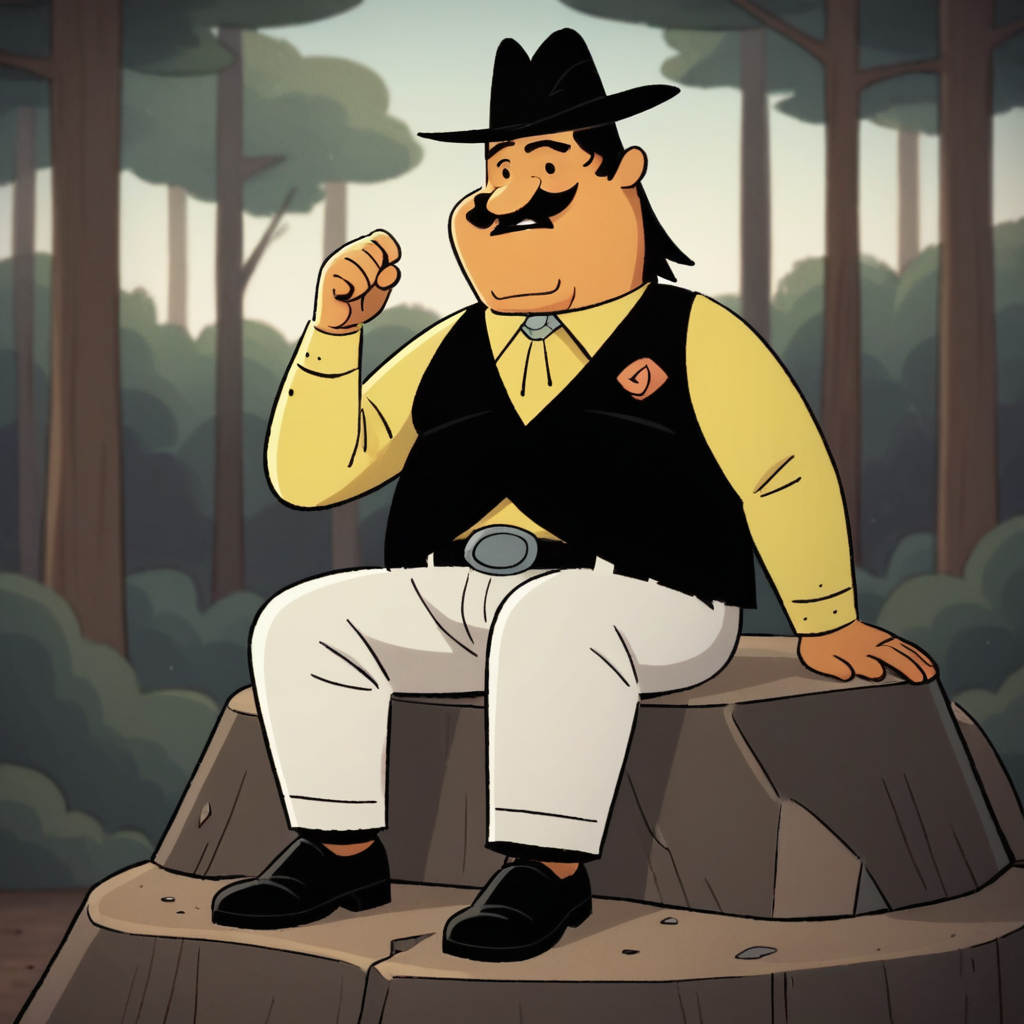 score_9_up, score_8_up, BREAK, CarlosFlores, 1boy, solo, black eyes, mustache, hat, yellow shirt, black vest, black belt, white pants, black footwear, forest,  <lora:CarlosFlores_KidCosmic_PXL_Leaf1:1>,  sitting on rock, fat man,