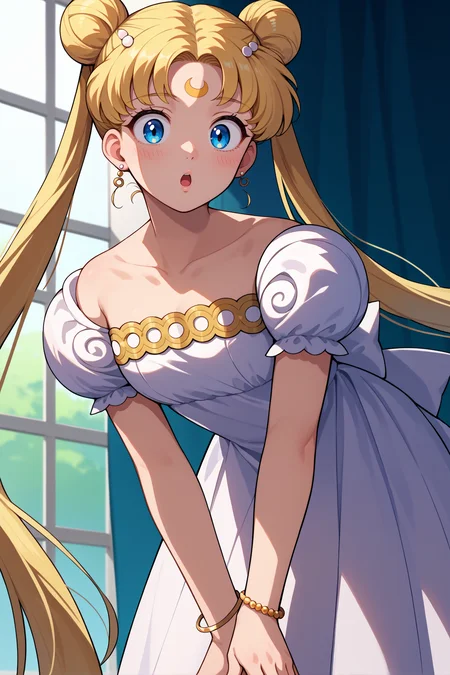 score_9, score_8_up, score_7_up, score_6_up, source_anime, 1girl, solo, <lora:sailormoon-pdxl-nvwls-v1_1-000005:1> slrmn, twintails, double bun, blonde hair, very long hair, blue eyes, parted bangs, forehead mark, white hairpin, earrings, white gown, puffy sleeves, strapless dress, short sleeves, hairclip, bracelet, leaning forward, surprised, chestnut mouth, blush, looking at you, from below