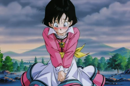 anime screencap, masterpiece, best quality, amazing quality, very aesthetic, absurdres, newest, (scenery, volumetric lighting), dappled sunlight,
videl, 1990s \(style\), anime coloring, retro artstyle, movie costume, 1girl, solo, short hair, bob cut, black hair, looking down, embarrassed, blue eyes, eyelashes, headwear removed, necklace, amulet, collar up, pink dress, multi tone clothing, long sleeves, white undershirt, white skirt, yellow sash, fingernails, raised eyebrows, cowboy shot, covering crotch, floating clothes, blush, tree, mountainous horizon, rock, fog, cloudy sky, collared dress, collar up, outdoors, day
<lora:Videl_IL_v2:0.8>