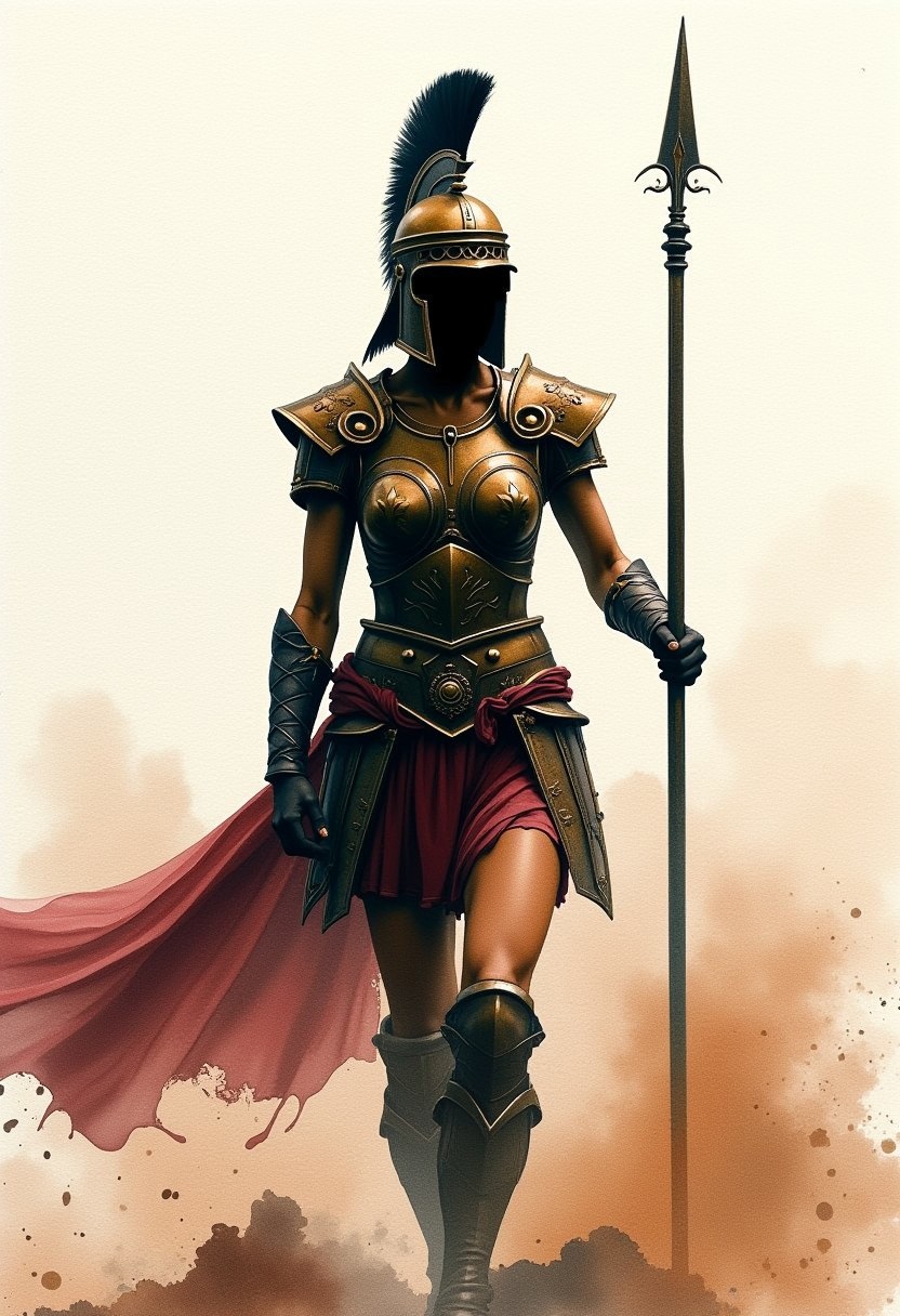 Impressionistic Watercolor Ink Wash, rough canvas, Silhouette Art, magnificent, warrior woman in bronze age Greek armour, thrusting a spear towards the viewer, dynamic image, abstract battlefield background