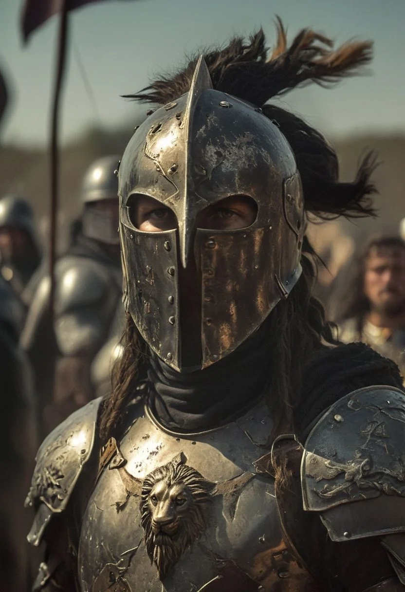 amazing quality, masterpiece, best quality, hyper detailed, ultra detailed, UHD, perfect anatomy, portrait, dof, hyper-realism, majestic, awesome, inspiring, Capture the essence of medieval valor in this close-up shot: a weathered knight with a battered helm, adorned in armor bearing a lion's head emblem crafted masterfully from its metal. Positioned in a morning dueling arena, he awaits his opponent with a stance of readiness. Let the fluttering banners and flags in the wind tell the story of anticipation and honor on the battlefield.. cinematic, global illumination, dramatic, tearing the sky, atmospheric haze, cinematic composition, soft shadows,