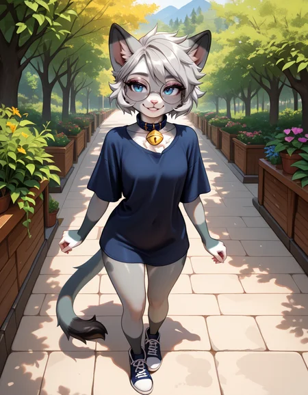 masterpiece, best quality, very aesthetic, absurdres,
outdoors, casual,
full body, posing,
seductive smile, parted lips, long eyelashes,
<lora:Nixuelle_v01_NAIXL:1>
Nixue11e,1girl,solo,furry,furry female, cat girl, cat ears, short hair, grey hair, blue eyes, round eyewear, snout, animal nose, collar, neck bell, body fur, two-tone fur, grey fur, white fur, cat tail,