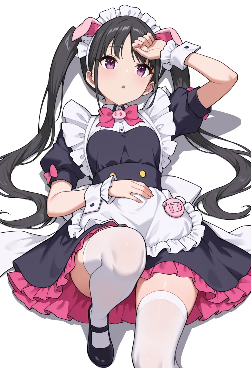 Smooth Quality,masterpiece,very intricate, high quality details, ultra realistic, high detailed skin,detailed enviorement,absurdres,
<lora:Hiiragi_Yume_Yumechi_CNR:1> hiiragi_cnr, black hair, long hair, twintails, purple eyes,fake animal ears, pig ears, hiiragi_maid_cnr,maid, maid headdress, maid apron, frilled apron, black dress, puffy short sleeves,white thighhighs, black footwear,fingerless gloves,white wrist cuffs,pink bowtie, frills,, simple background, white background, front view,solo,
lying supine, one knee up, arm draped over forehead, other hand on stomach ,, diamond mouth,