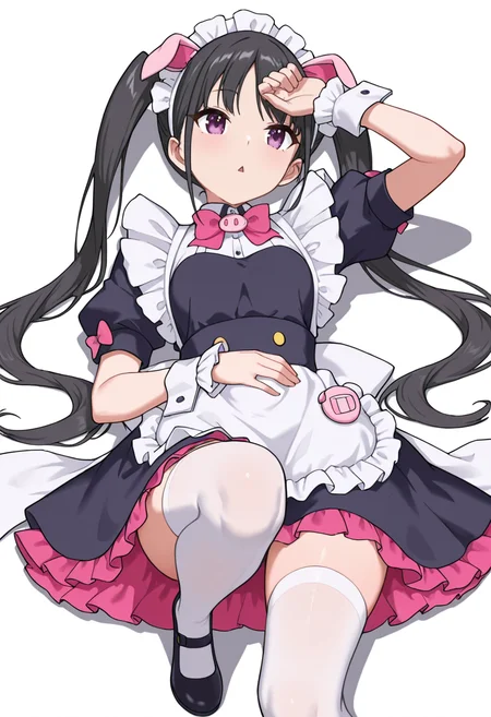 Smooth Quality,masterpiece,very intricate, high quality details, ultra realistic, high detailed skin,detailed enviorement,absurdres,
<lora:Hiiragi_Yume_Yumechi_CNR:1> hiiragi_cnr, black hair, long hair, twintails, purple eyes,fake animal ears, pig ears, hiiragi_maid_cnr,maid, maid headdress, maid apron, frilled apron, black dress, puffy short sleeves,white thighhighs, black footwear,fingerless gloves,white wrist cuffs,pink bowtie, frills,, simple background, white background, front view,solo,
lying supine, one knee up, arm draped over forehead, other hand on stomach ,, diamond mouth,