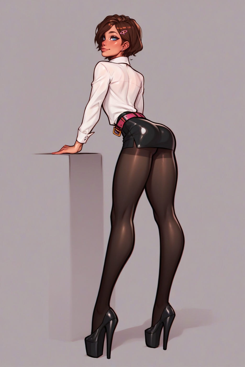 score_9, score_8_up, score_7_up,  score_6, score_5, score_4,  <lora:officialpit_style_v11:0.7>,<lora:princess_xl_v2:0.7>, 
cute thin 20yo slutty femboy twink, (brunette:1.5), hair_clip, earrings, short hair, wide hips, aroused, looking at viewer,  (slender legs), flat chest, (tiny bulge:0.2), (from behind:1.2),
(open unbuttoned sleeved collared (translucent fabric:0.8) white shirt:1.3),  (short black leather mini skirt with belt:1.3), (full black pantyhose tights:1.3). (high heels), collar, (perfect ass)