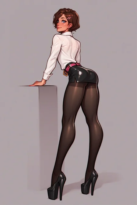 score_9, score_8_up, score_7_up, score_6, score_5, score_4, <lora:officialpit_style_v11:0.7>,<lora:princess_xl_v2:0.7>,
cute thin 20yo slutty femboy twink, (brunette:1.5), hair_clip, earrings, short hair, wide hips, aroused, looking at viewer, (slender legs), flat chest, (tiny bulge:0.2), (from behind:1.2),
(open unbuttoned sleeved collared (translucent fabric:0.8) white shirt:1.3), (short black leather mini skirt with belt:1.3), (full black pantyhose tights:1.3). (high heels), collar, (perfect ass)