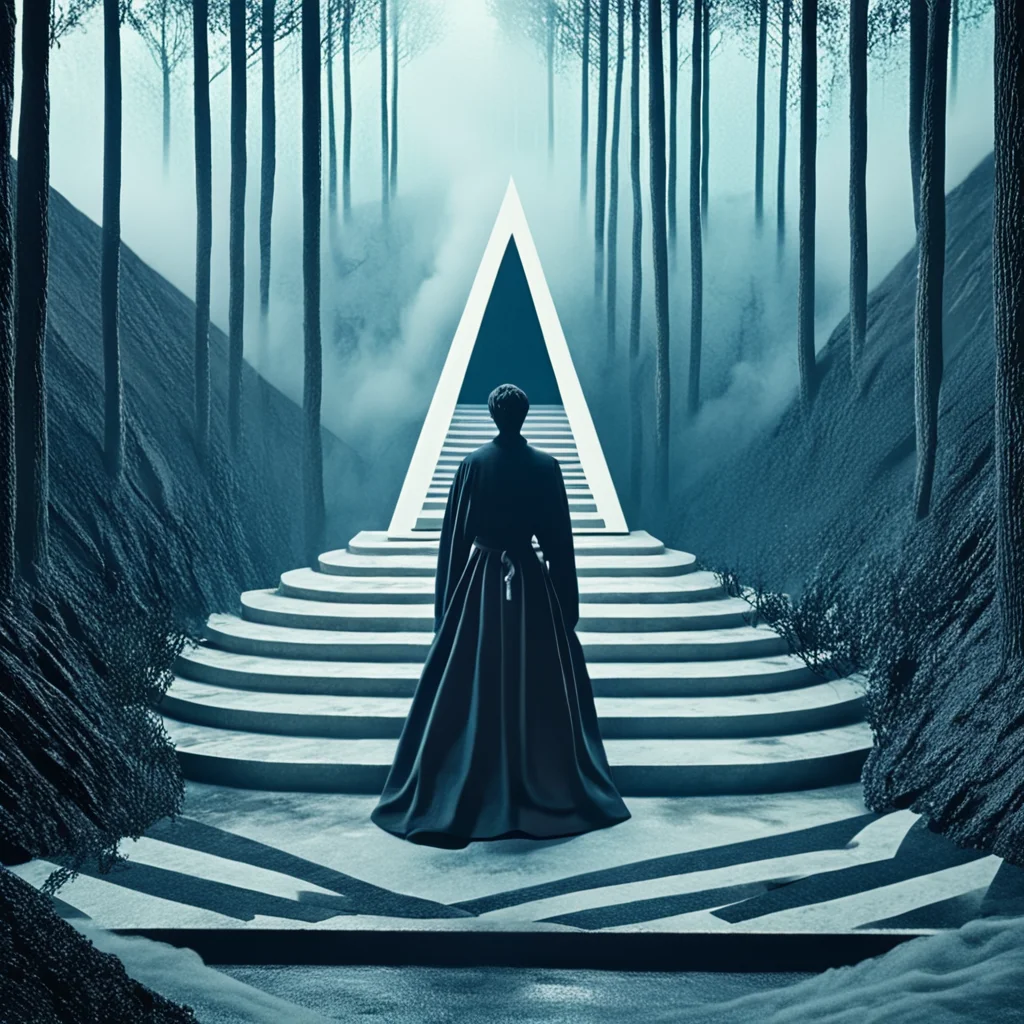 <lora:Geometric_Dreamlike_Movie_r1:1> forest, nature, solo, tree, standing, outdoors, 1boy, scenery, from behind, stairs, ArsMovieStill, A dreamlike movie still, The image shows a person standing in the middle of a dark and eerie forest. The person is facing away from the camera with their back towards the viewer. They are wearing a long black robe and are standing on a set of stairs that lead up to a large white triangle-shaped structure in the center of the image. The stairs are made of concrete and have a zigzag pattern on them. The background is filled with tall trees and the ground is covered in a thick layer of fog. The overall mood of the scene is dark and mysterious.