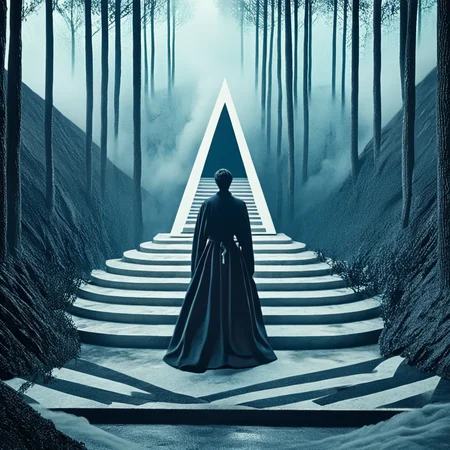 <lora:Geometric_Dreamlike_Movie_r1:1> forest, nature, solo, tree, standing, outdoors, 1boy, scenery, from behind, stairs, ArsMovieStill, A dreamlike movie still, The image shows a person standing in the middle of a dark and eerie forest. The person is facing away from the camera with their back towards the viewer. They are wearing a long black robe and are standing on a set of stairs that lead up to a large white triangle-shaped structure in the center of the image. The stairs are made of concrete and have a zigzag pattern on them. The background is filled with tall trees and the ground is covered in a thick layer of fog. The overall mood of the scene is dark and mysterious.