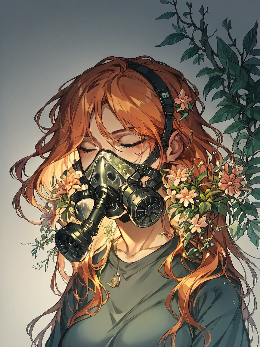score_9, score_8_up, score_7_up, score_6_up, score_5_up, score_4_up, large breasts, ginger hair, 1girl, <lora:yum4rtXLP:0.8> yum4rt, plants, glass gas mask,