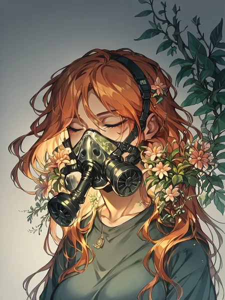 score_9, score_8_up, score_7_up, score_6_up, score_5_up, score_4_up, large breasts, ginger hair, 1girl, <lora:yum4rtXLP:0.8> yum4rt, plants, glass gas mask,