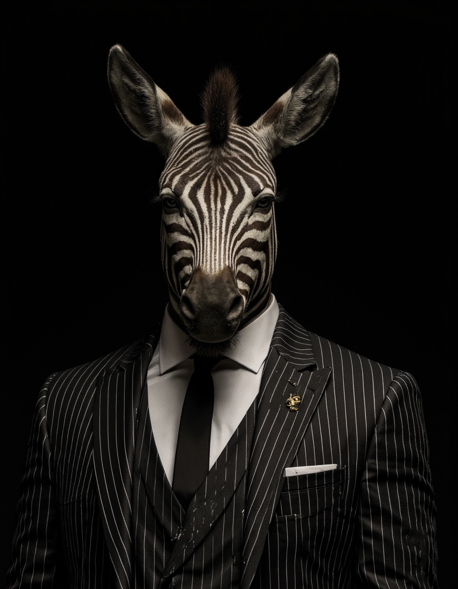 ZooPolis art. A photo-realistic portrait shoot from a frontal camera angle about a zebra wearing a striped suit, set against a black background. the image also shows a neutral expression. on the middle of the image, a male zebra appears to be in his mid-twenties, wearing a black and white striped suit with a white shirt and a black tie. the zebra is facing the viewer, looking directly at the camera. the man has a slim body and a serious expression. the background is completely black, allowing the focus to be on the man's face and the suit.