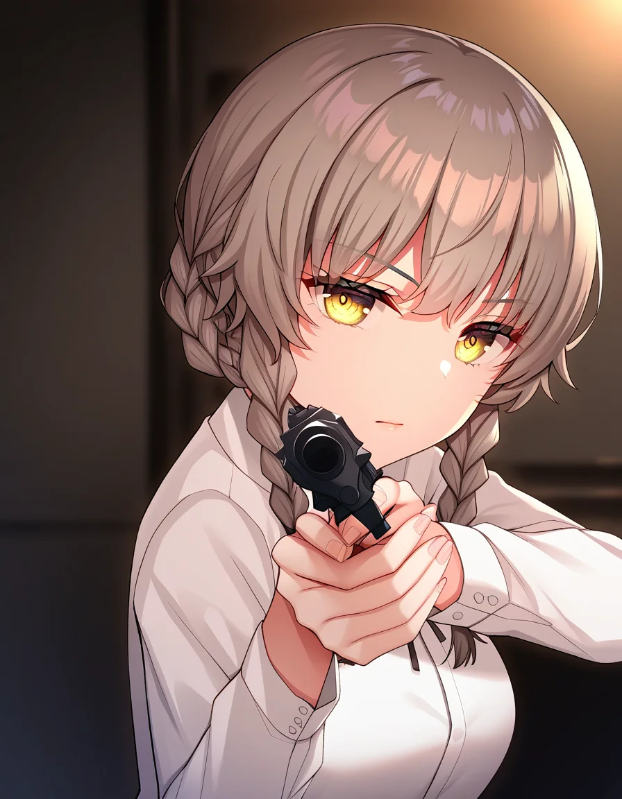 masterpiece, best quality, newest, absurdres, highres, safe,, <lora:suzuha-amane-ingame-ponyxl-lora-nochekaiser:1>, suzuha amane, bangs, brown hair, yellow eyes, braid, twin braids, mature female, medium breasts, <lora:center-axis-relock-stance-illustriousxl-lora-nochekaiser:1>, center axis relock stance, looking at viewer, holding, closed mouth, weapon, holding weapon, gun, holding gun, handgun, aiming, finger on trigger, aiming at viewer, m1911,, ,