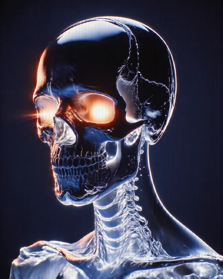 a close up of a skeleton with glowing eyes, red shift render, trending on artstaton, gradient light red, greg beeple, [ metal ], trending on artstattion, by Eamon Everall, by Andrew Stevovich, style of alexandre chaudret, simple chromatic xray, head and torso, 2029, evil glow, both fragile and powerful in its surreal elegance <lora:aidmaMJ6.1_v0.5_3:1> aidmamj6.1 <lora:fluxetherealfeel:1> <lora:flux-blurlora:1>,blurlora,ethfeel <lora:Hyper-FLUX.1-dev-8steps-lora:0.16>