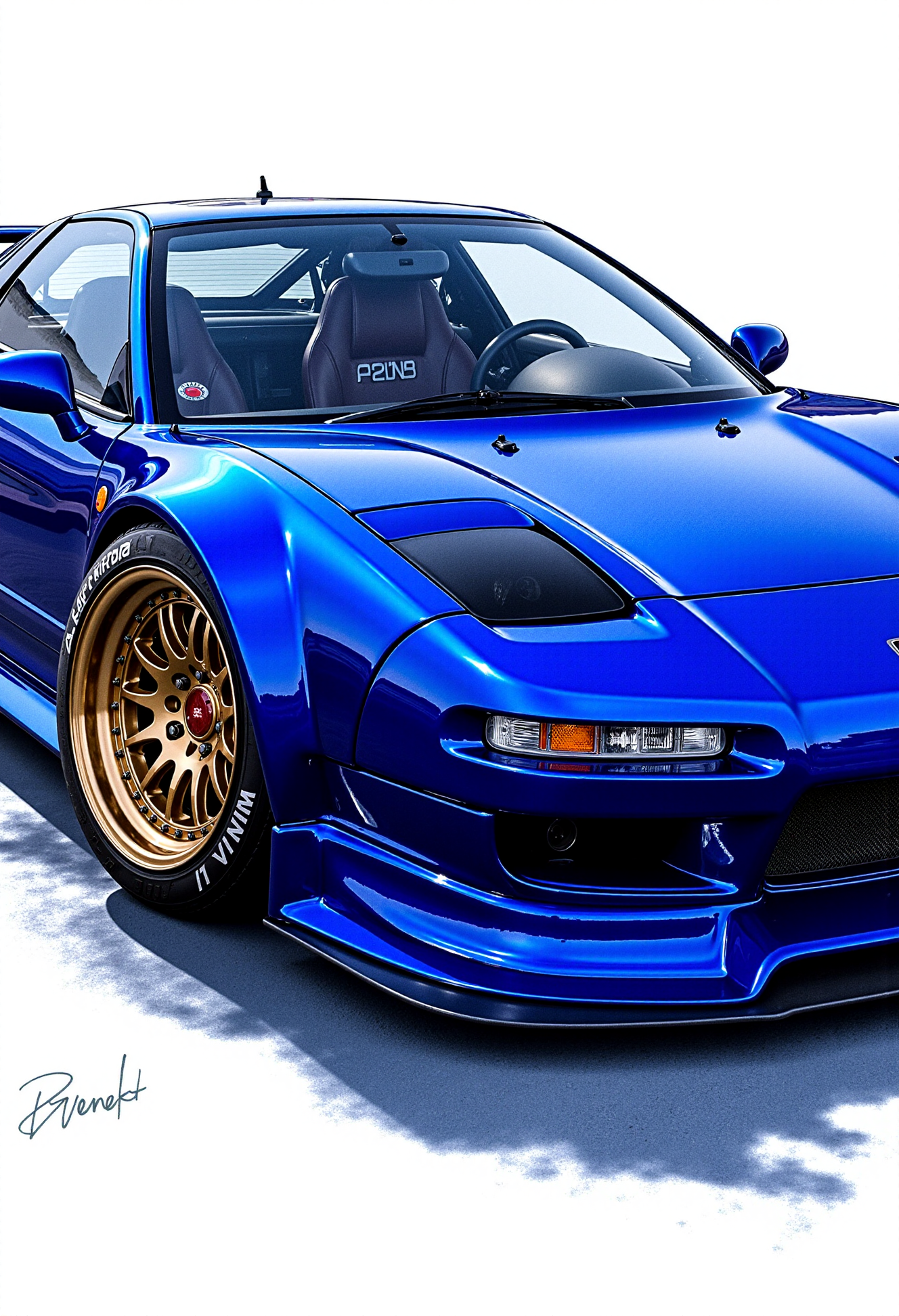 <lora:Honda_NSX:0.80>
A hyperdetailed digital ink painting featuring a beautiful shiny indigo (Honda NSX NA1) race car with a Mugen wide-body kit.  Xenon headlights. Intricate spoke designs shiny forged rims, labeled tyres and red Brembo calipers. High quality,  professional, award-winning, highly detailed, precise, accurate, three quarters view. Style of Import tuner magazine cover photo, style of JDM fanart poster wallpaper.