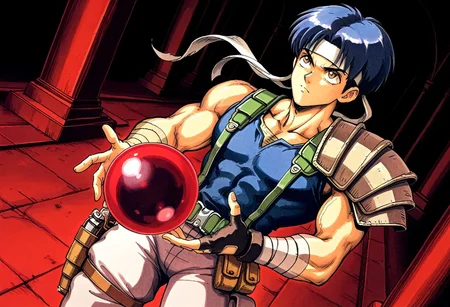 masterpiece, best quality, amazing quality, very aesthetic, absurdres, newest, ffl1humanm holding a large red orb above his head, 1boy, blue hair, male focus, white headband, single red pauldron, single white pauldron, pouch, green belt, holster, brown eyes, toned male, grenade belt,  green suspenders, blue vest, single black fingerless glove, single bandaged wrist, dynamic angle, looking up, dark temple background, temple full of orbs, holding orb