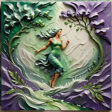 female nature print, fjord, athletic, oil paint, cashmere, baroque style, Embossed, green and purple, brick pattern, thick brush stroke effect, bevel accents, continuous, brushed metal texture, sparkling finish <lora:artfully_ETHEREAL-GEOMETRIC-FLORAL-FUSION:1>,
