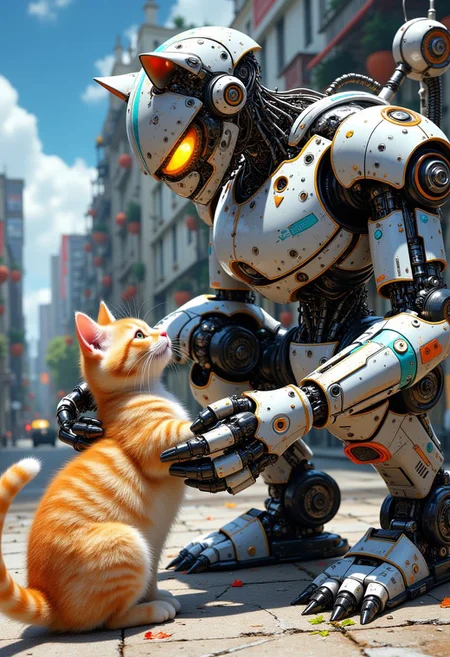 vibrant, highly detailed, award-winning, professional. a robot cat playing with a real cat. <lora:Smooth_Mix_-_Flux_v.2:0.8>, anime artwork, anime style, studio anime