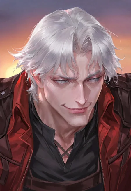 masterpiece, very aesthetic, absurdres, best quality, detailed face, detailed eyes, intricate details, 1boy, solo, dante, smile, smirk, single eyebrow up, white hair, curtained hair, armor, open jacket, shoulder armor, red jacket, shirt, coat, black shirt, jacket, grey eyes, closeup, portrait, outdoors, sunset, fantasy, cinematic, bm94199