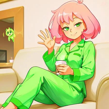 freebos_smoothiestyle, score_7_and_up, absurdres, highquality, source_anime, masterpiece, 4kres, good hands, good eyes, 1girl, comfy, short pink hair, green pajamas, green eyes, happy smile, drinking coffee, sitting on a sofa, looking at viewer, winking, waving