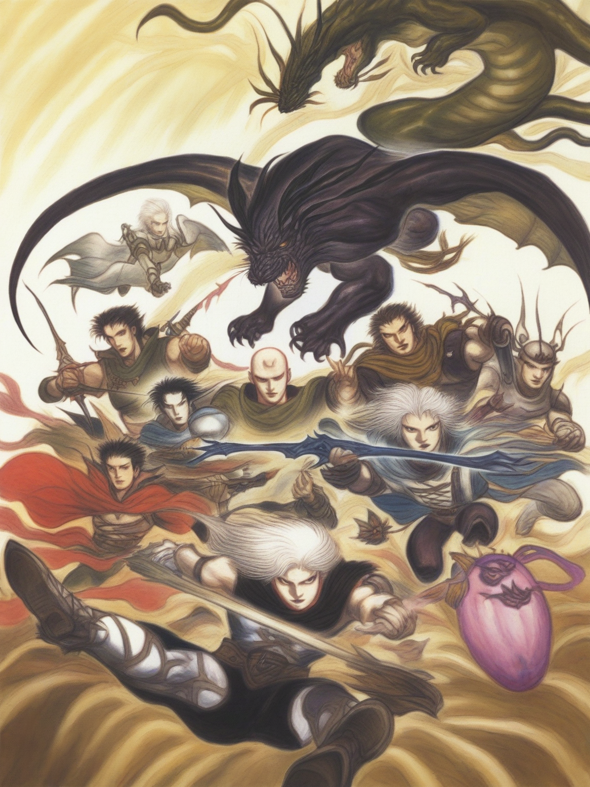 amano yoshitaka, 1990s \(style\), 6+boys, absurdres, armor, bald, black hair, bomb \(final_fantasy\), cape, crossbow, dragon, emperor \(ff2\), final_fantasy, frioniel, guy \(ff2\), highres, josef, leonhart \(ff2\), maria \(ff2\), ming-wu, monster, multiple boys, official art, shield, sword, weapon, white hair, ((masterpiece, absurdres, high res))  <lora:amano_yoshitaka_xl:1>