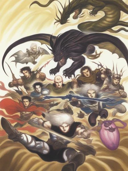 amano yoshitaka, 1990s \(style\), 6+boys, absurdres, armor, bald, black hair, bomb \(final_fantasy\), cape, crossbow, dragon, emperor \(ff2\), final_fantasy, frioniel, guy \(ff2\), highres, josef, leonhart \(ff2\), maria \(ff2\), ming-wu, monster, multiple boys, official art, shield, sword, weapon, white hair, ((masterpiece, absurdres, high res))  <lora:amano_yoshitaka_xl:1>
