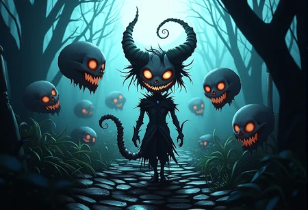 bv-twiwonsty. A wide shot of a eerie landscape, showing a shadowy beast walking through a overgrown cemetery, with floating skulls in the background. , <lora:bv-twisted-wonderland-style-v1.safetensors:1.0:1.0>