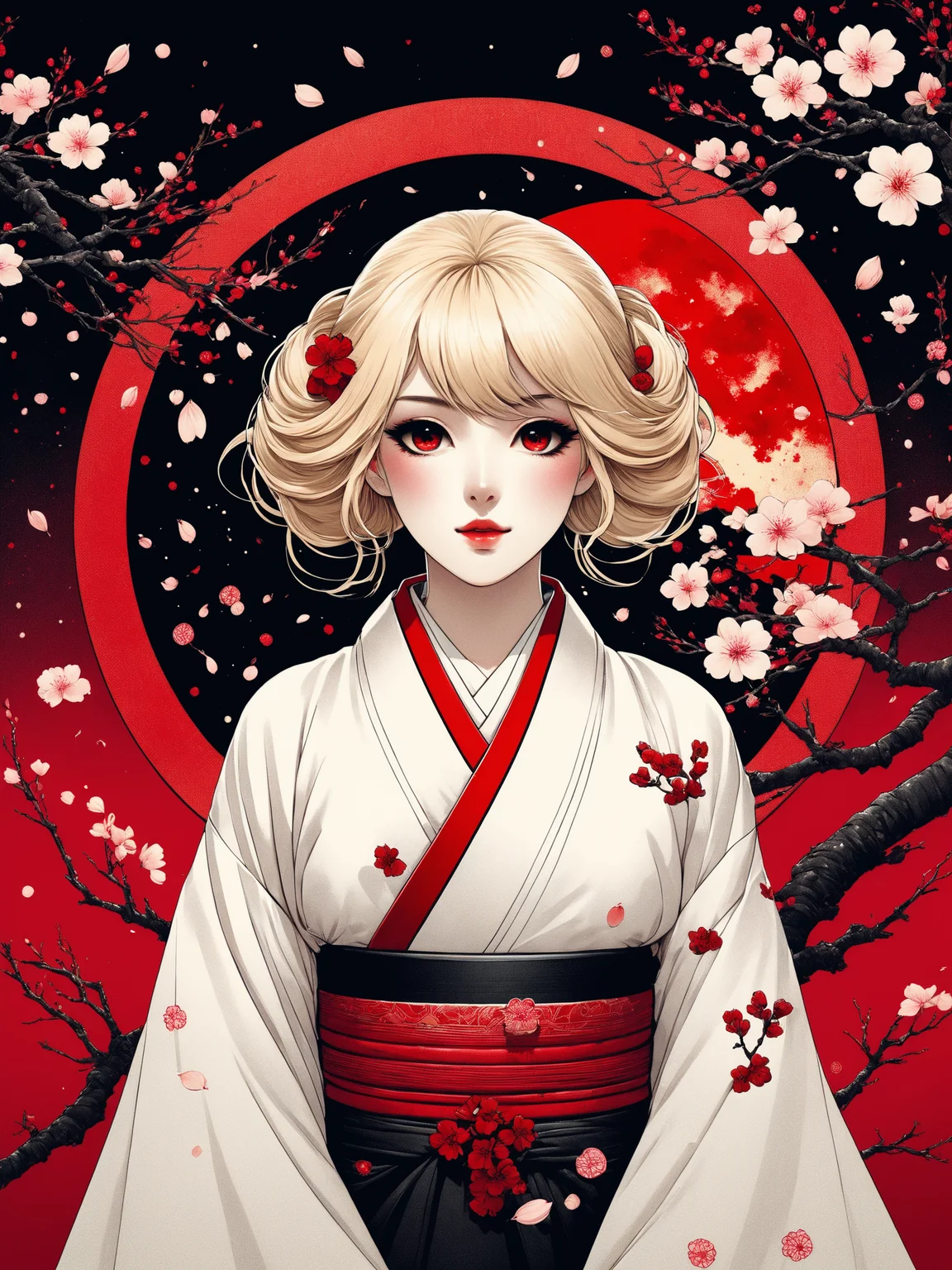 A stunning minimalist portrait of a faceless blonde beauty, adorned with sakura petals and a white kimono. The red and black theme, combined with the majestic Tsukuyomi moon, creates an alluring and mysterious atmosphere. The vector-based illustration showcases exquisite detail in this captivating headshot.
<lora:grainy-v1:0.8>