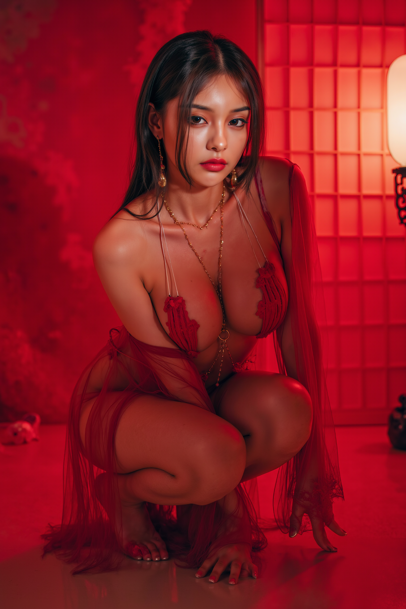 This is a high-resolution professional full body photograph featuring a young woman posed in a squatting position.

She is wearing SGWN40ClothingStyle2, a red, intricate dress. She has oily skin.

The lighting features a high-contrast, monochromatic blue color scheme that creates a moody, intimate atmosphere. 

The photography technique uses what appears to be soft lighting to create a glamorous effect, with careful attention to highlighting contours while maintaining the dominant red color scheme throughout the frame.

The overall aesthetic combines elements of fashion photography, traditional Asian visual motifs, and contemporary boudoir styling. The dramatic red lighting creates a cohesive visual theme that ties all elements of the composition together.

The soft white light coming from the front highlighting the subject feature.
