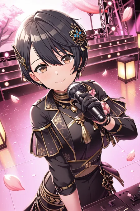 masterpiece, best quality, amazing quality,
 <lora:Aoi_IL:1> aoi, gloves, black hair, black gloves, solo, stage, 1girl, short hair, looking at viewer, jewelry, petals, hair ornament, cherry blossoms, smile, brown eyes, lantern, necklace, stage lights, bangs, hair between eyes, earrings, microphone