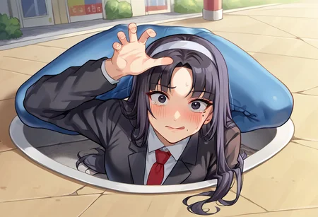 score_9, score_8_up, score_7_up, source_anime, solo, 1boy, sexy boy, kwkm, black eyes, black hair, long hair, blunt bangs, parted bangs, white hairband, mole under eye, school uniform, red necktie, black jacket, hand on floor, high heel boots, ((blue yoga pants)), black tights, triplefold,flexible, straight teeth, portrait, pink high heel boots, spread legs, (front view of body, view from front), (sweat fling), (ass in motion), (skinny waist, skinny hips, thick thighs), (long legs, thick legs), (fat ass:1.5), (shiny ass), (thick legs,sexy legs), Majima everywhere, arm up, upper body, wide open eyes, tongue out, shocked expression, surprised, embarrassed, closed mouth, ((from above)), tears, crawling, outdoors, sidewalk, blue sky, crowd in distance