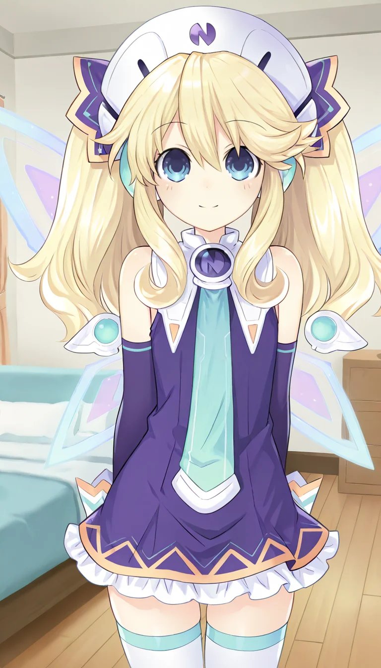 1girl, solo, blonde hair, blue eyes, long hair, twintails, flat chest, short, smile, closed mouth, short dress, hat, necktie, thighhighs, white legwear, fairy wings, footwear, boots, detached sleeves, standing, arms behind back, looking at viewer, cowboy shot, indoors, living room, masterpiece, best quality, very aesthetic, absurdres, newest, <lora:Histoire_Neptunia_IllustXL:0.8>, histoire \(neptunia)\, histoire_def