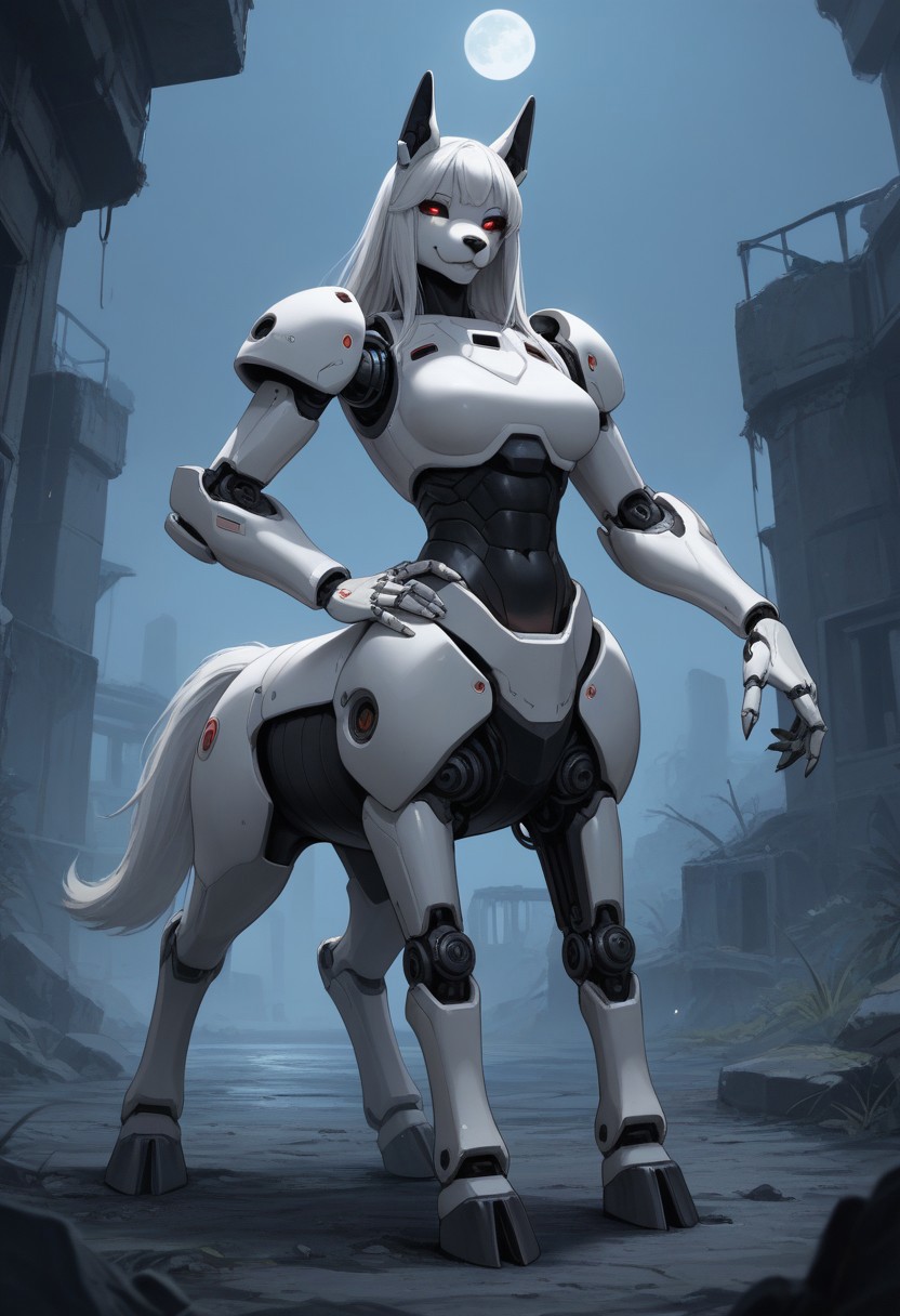 score_9,score_8_up,score_7_up,score_6_up,score_5_up,score_4_up, BREAK French Bulldog, robot, centaur, solo, smile, industrial ruins, night, hooves, white horse tail, Robot girl, Mecha, Android, mechanical limbs, robot joints, white metal skin, black sclera, no mouth, armor, glowing eyes, furry, white hair, dog head, dog ears, dog nose, hand on hip
