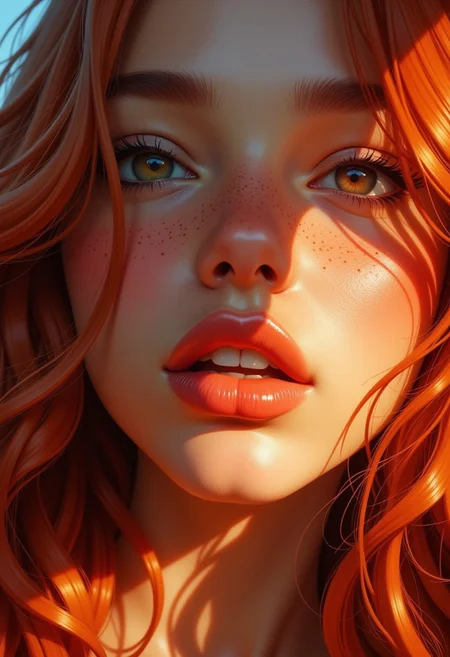 A vibrant, photorealistic close-up of a breathtakingly beautiful young woman, around 18 years old, with strikingly natural features. Her long, flowing red hair falls in soft, glossy waves, gently framing her face and partially covering one side. The hair captures the light, showcasing fine individual strands that add depth and realism.
Her fair, luminous skin is flawlessly detailed, with fine pores, faint freckles across her nose, and a soft, natural texture. The subtle sheen of her skin enhances her youthful vitality, while tiny imperfections, like faint blemishes, make her beauty feel authentic and grounded.
Her piercing brown eyes, framed by long lashes and naturally arched brows, are captivating, reflecting intricate patterns of light that make them come alive. Her rich red lips are full and softly parted, revealing a hint of teeth, adding a serene yet elegant allure.
Every feature is illuminated by warm, golden light that gently contours her cheekbones and jawline, accentuating her youthful radiance. The composition perfectly balances natural beauty and vivid detail, creating an unforgettable image of striking, authentic elegance.