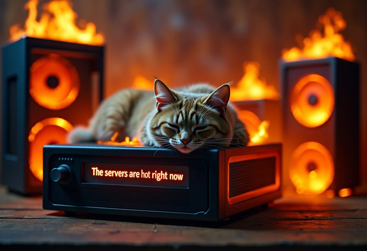 A cat taking a nap on a melting computer on fire, In the background there are computer towers on fire, blurry background, the computer LCD display : "The servers are hot right now",