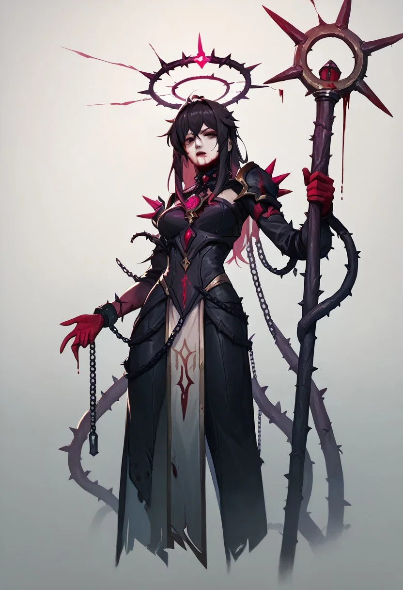 score_9, score_8_up, score_7_up, 
character design, sci-fi, perfect anatomy, dark, cultist, 
1girl, solo magical girl, magic staff, magical, 
chains, spikes, thorns, gore, blood, metal halo, 
simple background, white background,