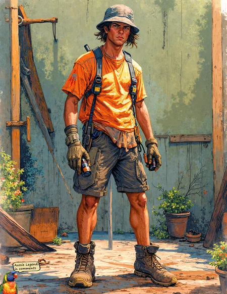 A lanky Australian apprentice tradesperson stands casually in a backyard his posture slightly hunched exuding the exhaustion of a long day’s work. His disheveled mid-length hair peeks out from under a worn bucket hat strands sticking awkwardly to his sunburned forehead. His high-visibility workman’s shirt loose and stained with a streak of tomato sauce hangs untucked over a pair of faded footy shorts. Oversized well-worn boots encase his hairy legs scuffed from countless days on the job. He holds a dirt-smeared shovel slung over one shoulder the other hand loosely clutching a black energy drink condensation dripping down the can. His face sun-kissed and reddened around the nose carries a mix of tiredness and mild confusion his brows furrowed and lips slightly parted as if caught mid-thought. The background is minimal yet suggestive of a garden or backyard workspace. A wheelbarrow tipped on its side lies nearby and a few potted plants rest unevenly along a dusty path. Behind him the faint outline of a half-finished wooden deck is visible planks scattered haphazardly while tools like a hammer and a saw glint faintly in the sun. These elements fade into abstract washes of muted greens and browns. The composition is raw and candid capturing an unpolished distinctly Australian moment of labor and fatigue. Anime style.