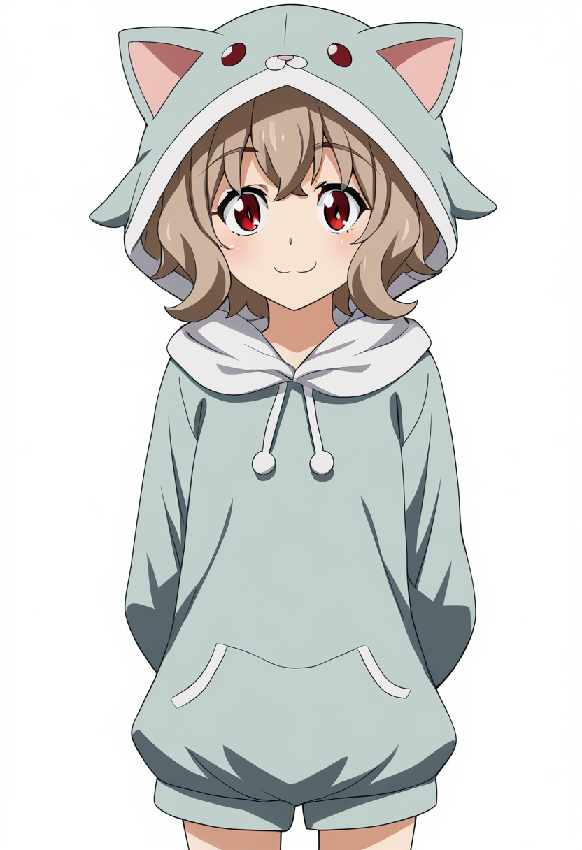 1girl, solo, AtraM1xt, short hair, brown hair, red eyes, animal costume, animal hood, hood up, cat costume, cat hood, cat ears, fake animal ears, paw gloves, looking at viewer, smile, arms behind back, standing, white background, <lora:Atra Mixta - Gundam IBO-000008:1>