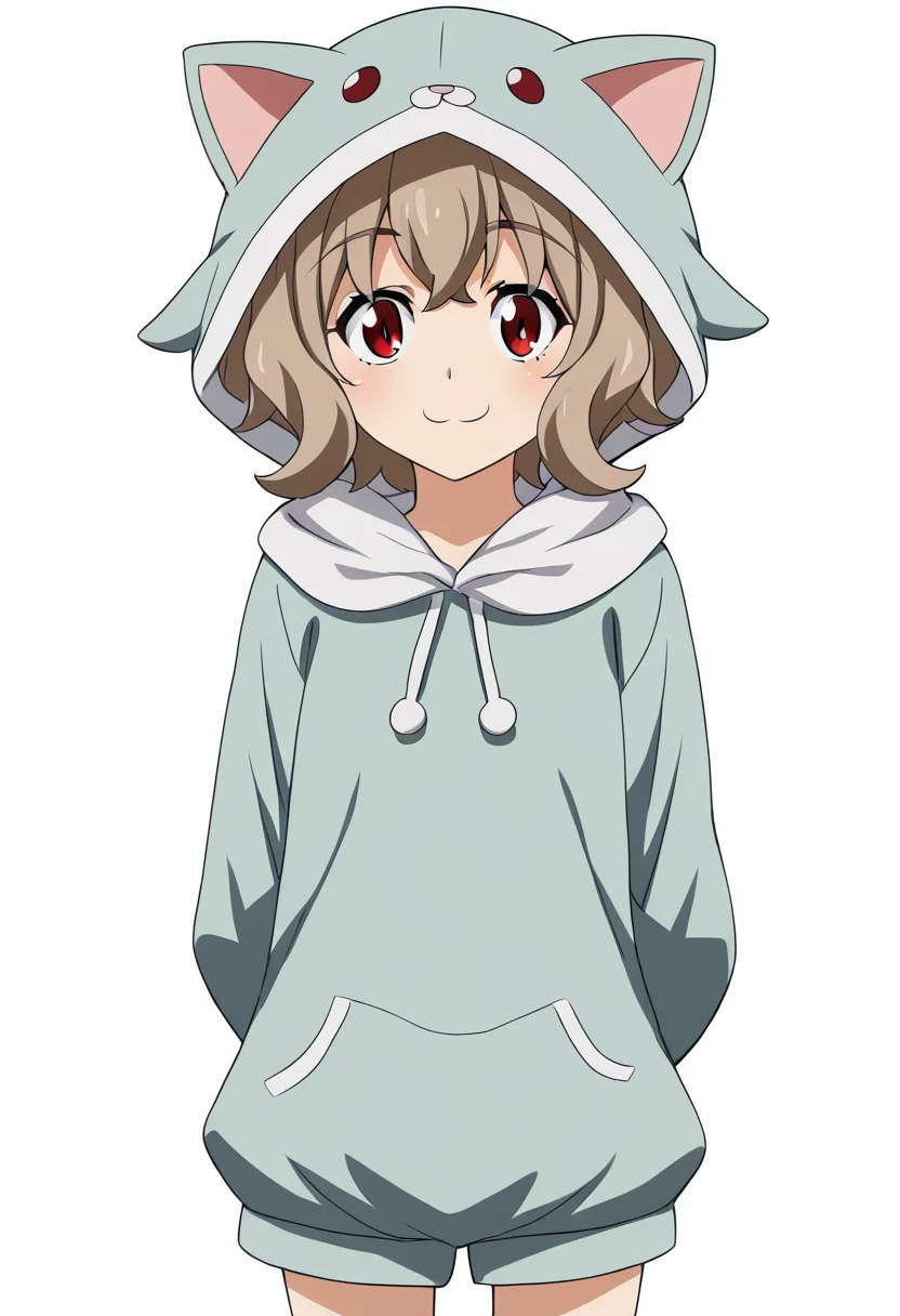 1girl, solo, AtraM1xt, short hair, brown hair, red eyes, animal costume, animal hood, hood up, cat costume, cat hood, cat ears, fake animal ears, paw gloves, looking at viewer, smile, arms behind back, standing, white background, <lora:Atra Mixta - Gundam IBO-000008:1>