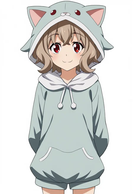 1girl, solo, AtraM1xt, short hair, brown hair, red eyes, animal costume, animal hood, hood up, cat costume, cat hood, cat ears, fake animal ears, paw gloves, looking at viewer, smile, arms behind back, standing, white background, <lora:Atra Mixta - Gundam IBO-000008:1>