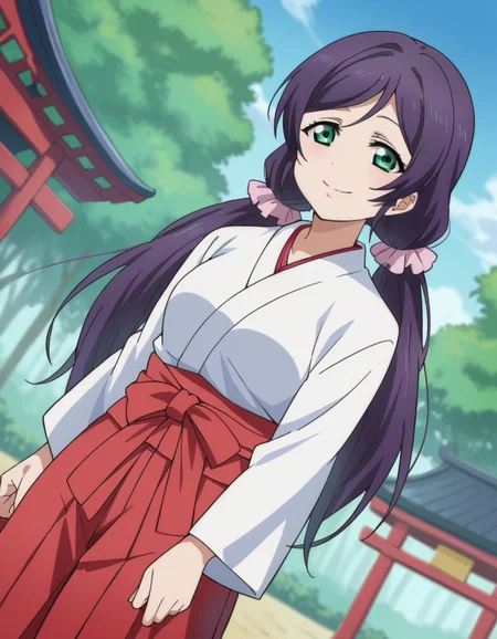 score_9, score_8_up, score_7_up, source_anime,
nozomitoujou, <lora:nozomi-toujou-ponyxl-lora-nochekaiser:1>
nozomi toujou, green eyes, purple hair, twintails, low twintails, scrunchie, long hair, smile,
hakama, hakama skirt, japanese clothes, miko, red hakama, long sleeves,
outdoors, shrine,
looking at viewer, cowboy shot, dutch angle,