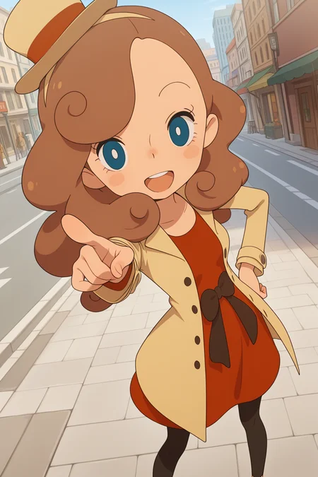 masterpiece, best quality, amazing quality, katriellelayton, 1girl, solo, smile, open mouth, pointing at viewer, hand on hip, confident, brown hat, black leggings, brown coat, red dress, outdoors, street, city