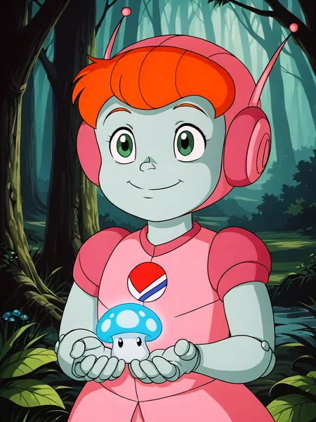 score_9, score_8_up, score_7_up, score_6_up, BREAK, 0hn0R0b, 1girl, solo, orange hair, colored skin, robot, antennae, pink headwear, pink dress, child, beautiful lighting, atmospheric lighting, ethereal glow, mystical forest, enchanted woods, misty landscape, soft fog, ancient trees, bioluminescent plants, glowing mushrooms, magical ambiance, fantasy vibes, depth of field, cinematic shot, smile <lora:Ohno_rob_IllustriousXL:0.8>