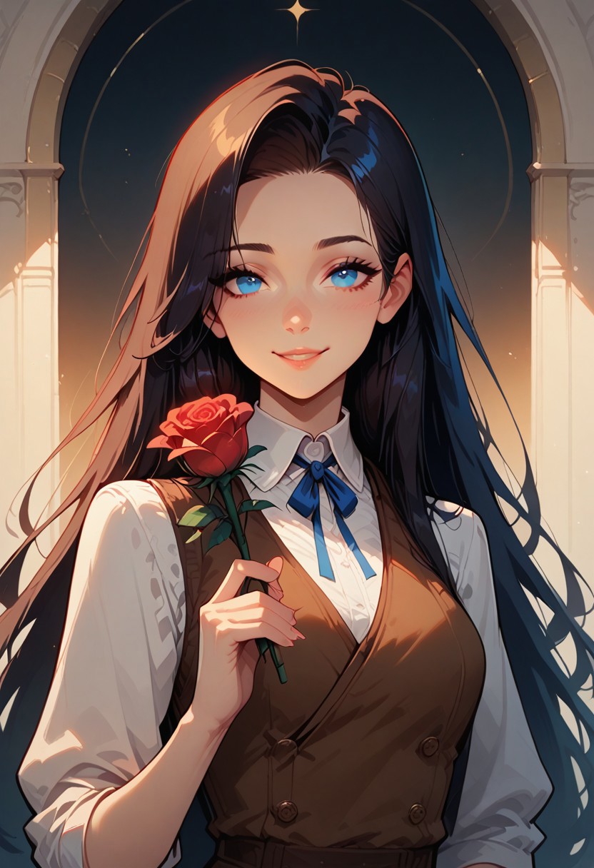 1girl, solo, dark hair, long hair, looking at viewer, smile, holding red rose, blue eyes, white collared shirt, brown vest,  upper body, source_PonyXL,