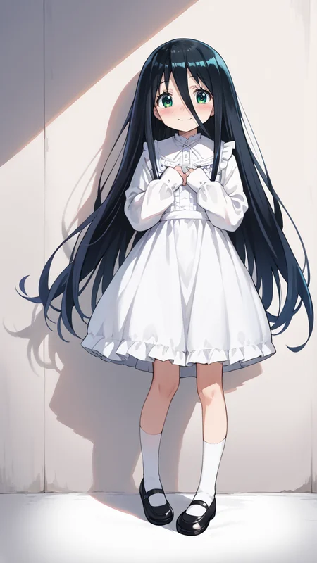 mushanokouji iwai,white_background,full_shot,looking_at_viewer,<lora:iwai_pony_v1:1.5>,blush,shy,socks,full body,mary janes,skirt,white socks,standing,black footwear,petite,smile,white dress,, score_9, score_8_up, score_7_up, score_6_up, score_5_up, score_4_up, source_anime,